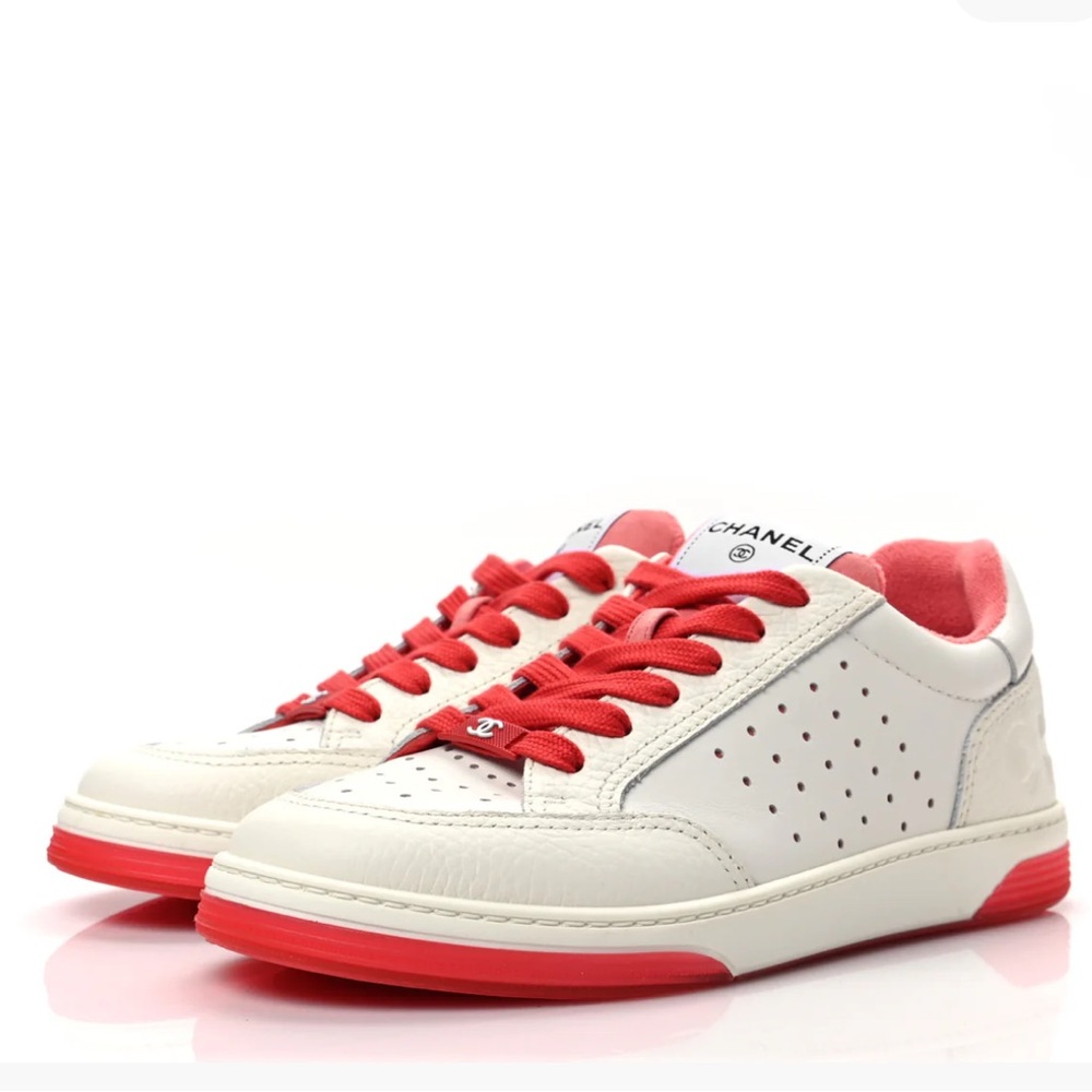 CHANEL Grained Calfskin Fabric Womens Logo Sneakers 39 White Red - Picture 2 of 15
